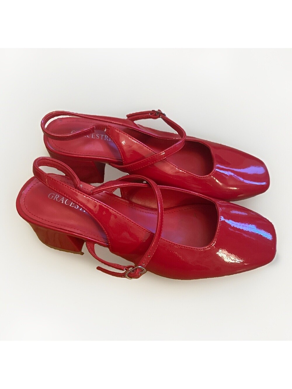 GRACESTRIDE Women's Mary Jane Chunky Red Patent Heel Slingback Pumps Sz 7.5